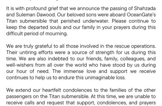 Dawood Family Confirms Death of Family Members Aboard Titan Sub