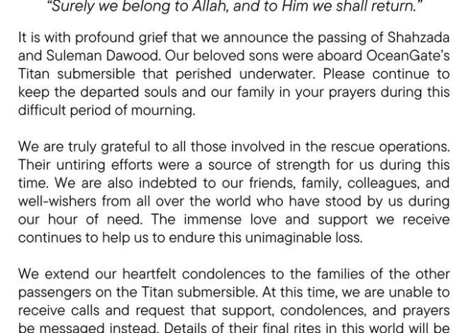 Dawood Family Confirms Death of Family Members Aboard Titan Sub