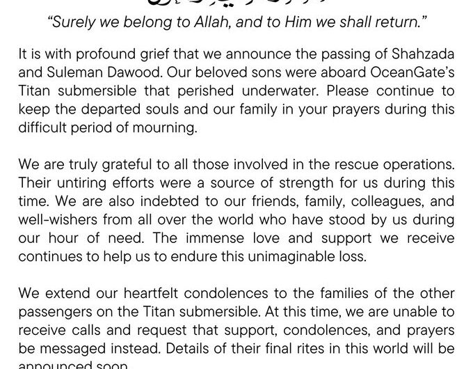 Dawood Family Confirms Death of Family Members Aboard Titan Sub