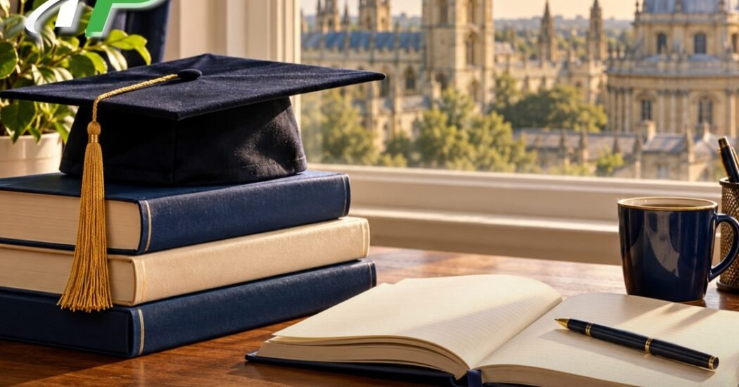 Illustration of a graduation cap and books overlooking university-style buildings