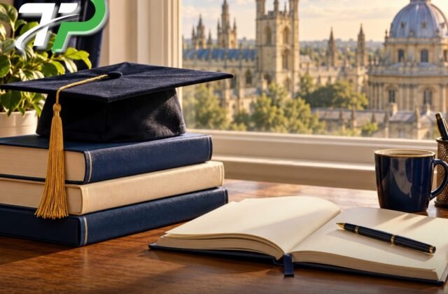 Illustration of a graduation cap and books overlooking university-style buildings