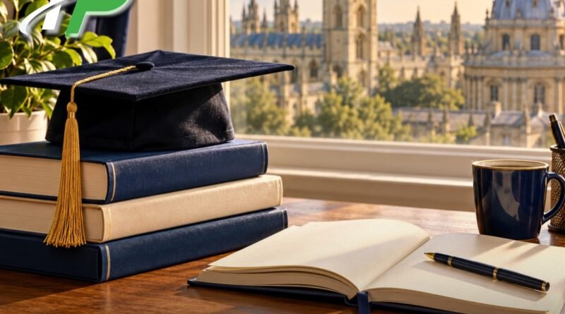 Illustration of a graduation cap and books overlooking university-style buildings