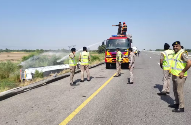 Petrol Tanker Carrying 48,000 Liters Overturns on M-3 Motorway Near Rajana