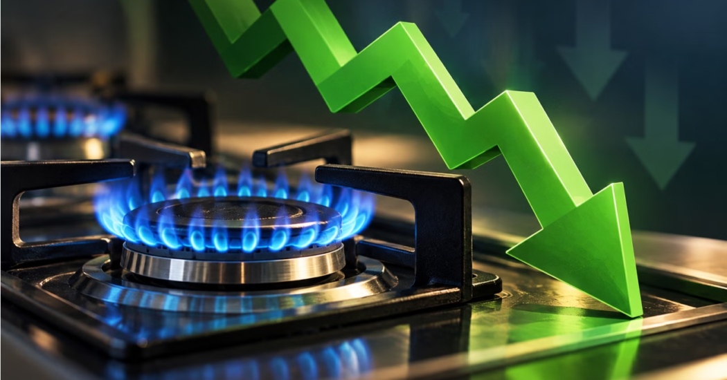Illustration of a gas stove flame beside a calculator and envelope