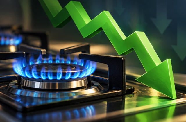 Illustration of a gas stove flame beside a calculator and envelope