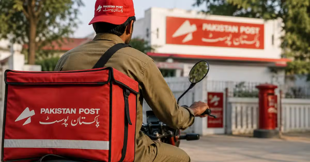 Illustration of envelopes beside a postal weighing scale and red postbox