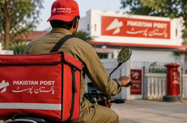 Illustration of envelopes beside a postal weighing scale and red postbox