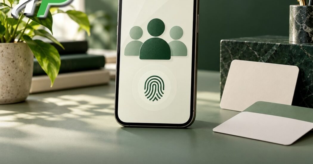 Concept illustration of a smartphone displaying family and fingerprint icons