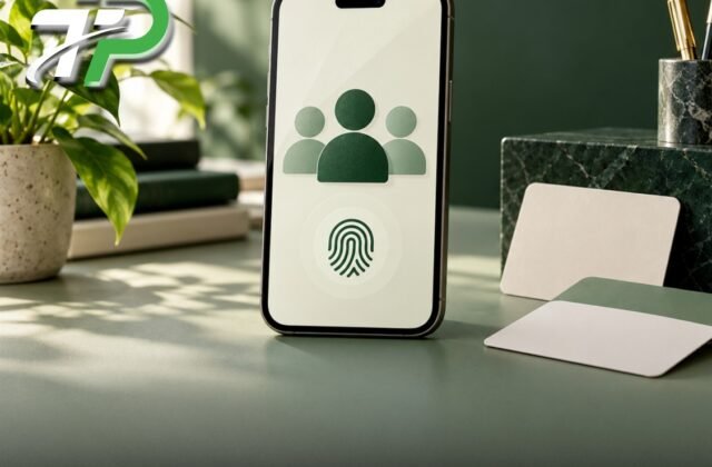 Concept illustration of a smartphone displaying family and fingerprint icons