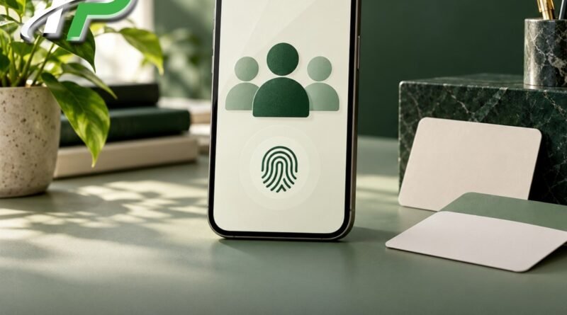 Concept illustration of a smartphone displaying family and fingerprint icons