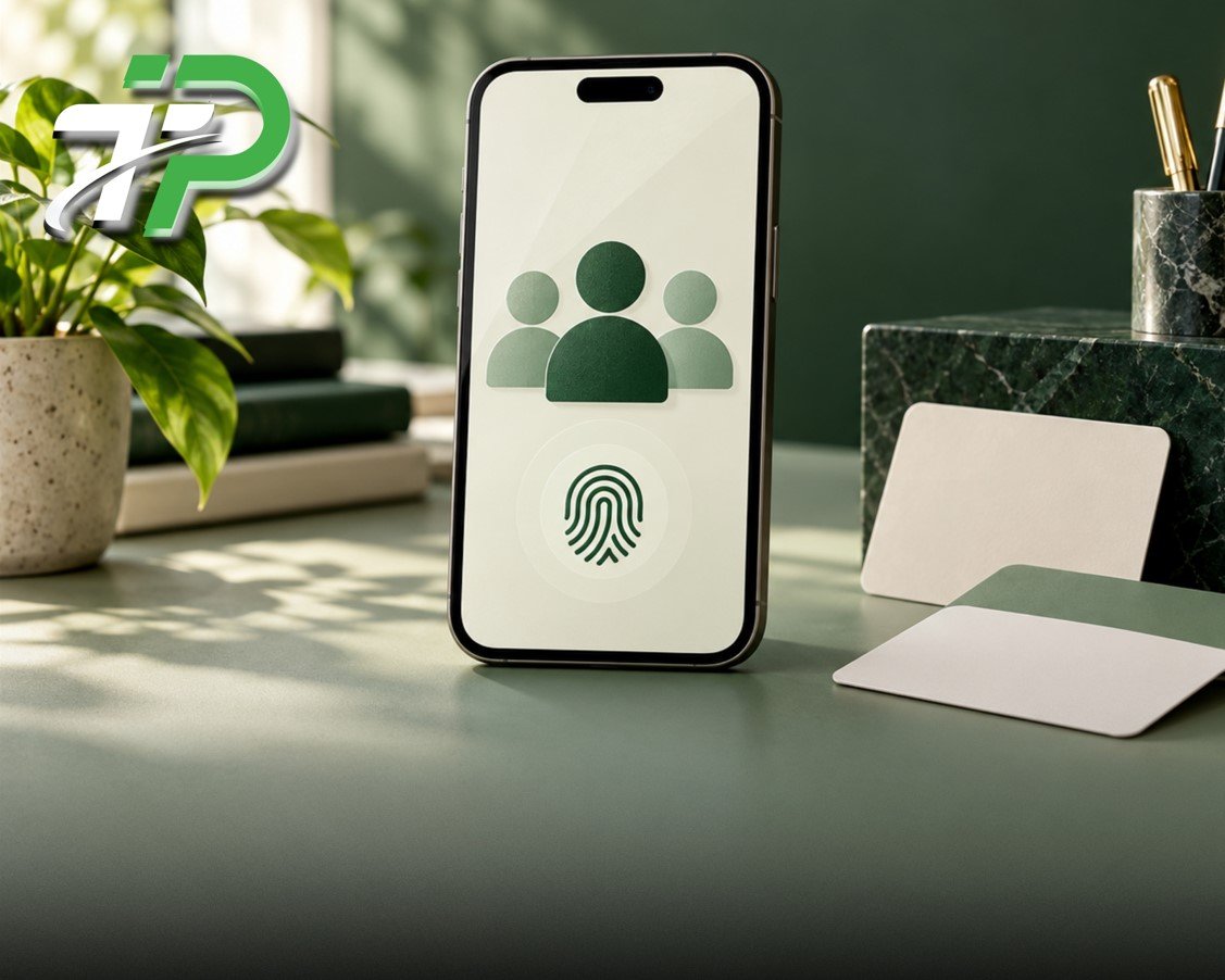 Concept illustration of a smartphone displaying family and fingerprint icons