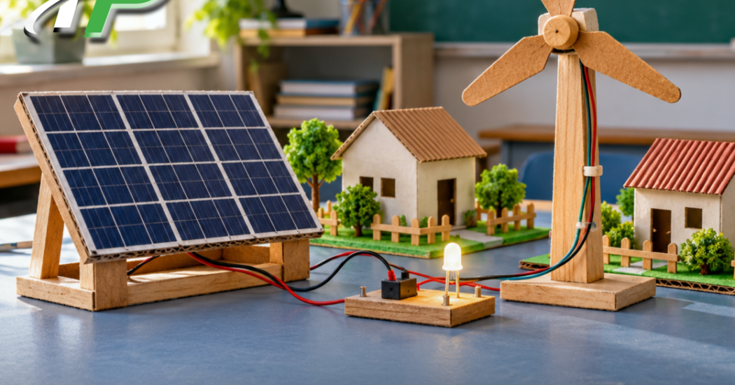 Illustrative school project with a miniature solar panel, wind turbine and model houses