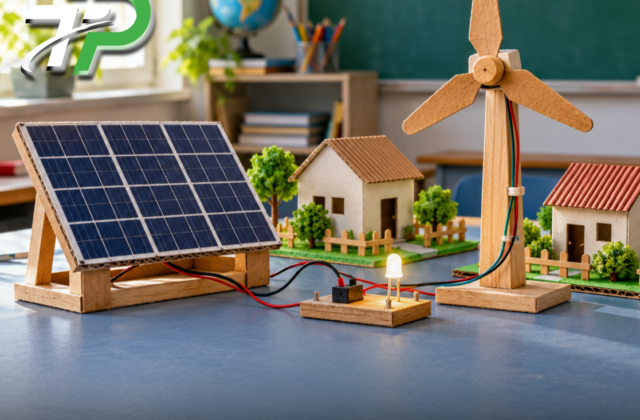 Illustrative school project with a miniature solar panel, wind turbine and model houses
