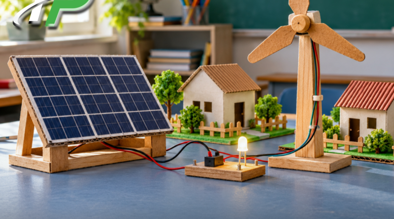 Illustrative school project with a miniature solar panel, wind turbine and model houses