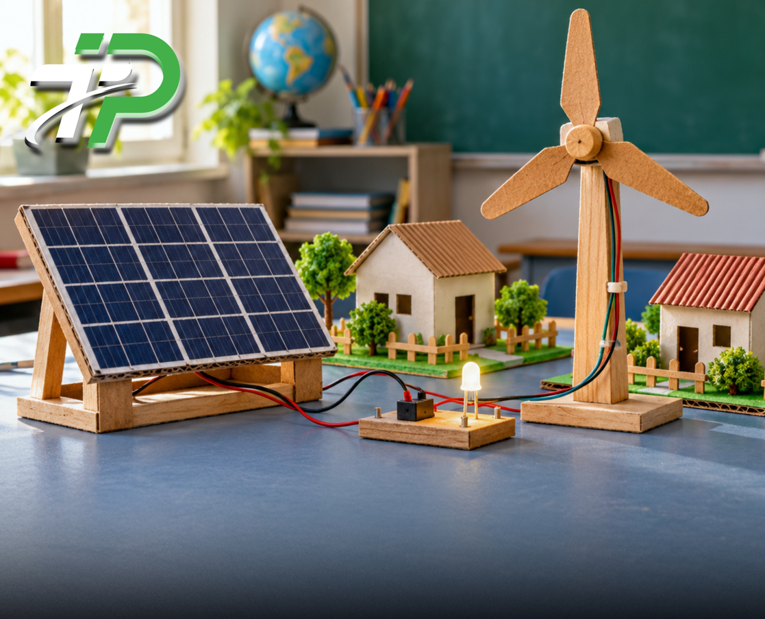 Illustrative school project with a miniature solar panel, wind turbine and model houses